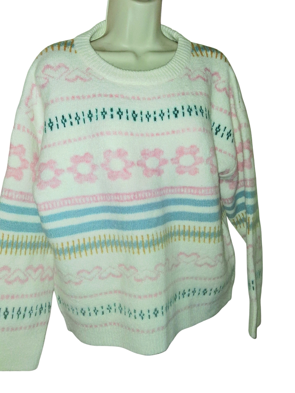Pink Lily Cream Crewneck Sweater w Pink, Blue, Gold & Green Accents SIZE S NIP
